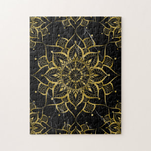 Gold Mandala black marble yoga zen Jigsaw Puzzle