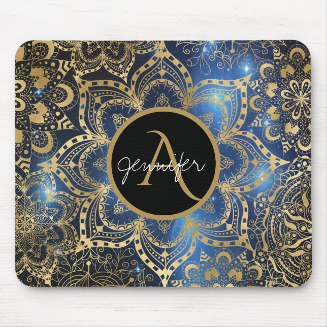 Gold Mandala Blue Nebula Monogram Floral Mouse Mat (Front)
