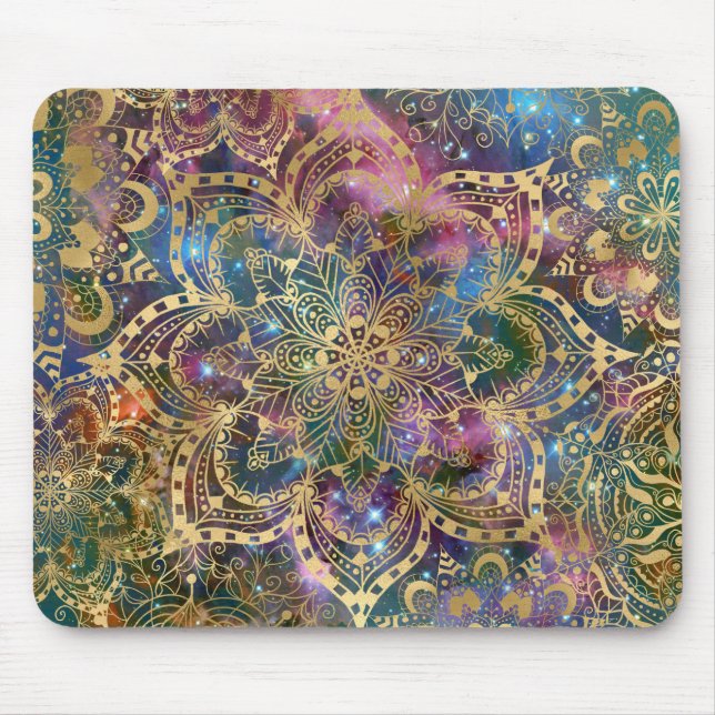 Gold Mandala Colourful Galaxy Design Floral Boho Mouse Mat (Front)