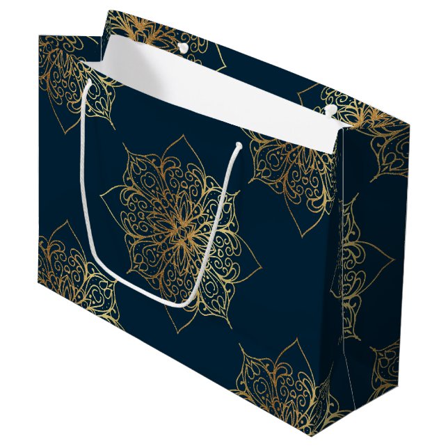 Gold Mandala Damask Pattern Large Gift Bag (Front Angled)