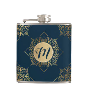 Gold Mandala Damask Pattern & Monogram Hip Flask