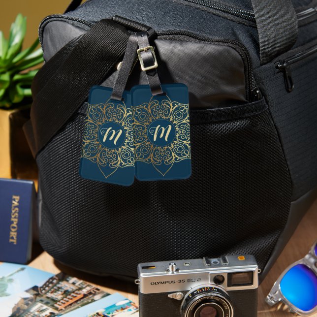 Gold Mandala Damask Pattern & Monogram Luggage Tag (Front & Back)