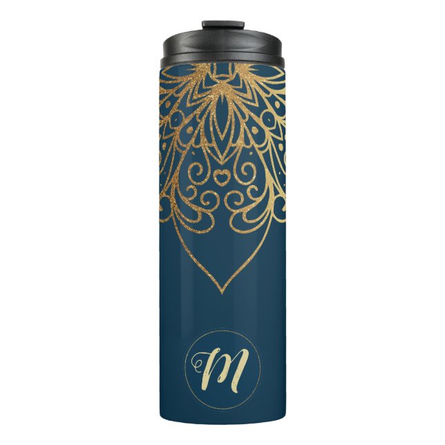 Gold Mandala Damask Pattern & Monogram Thermal Tumbler (Front)