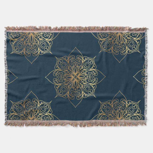 Gold Mandala Damask Pattern Throw Blanket (Front)