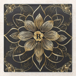 Gold Mandala Floral Black Elegant Monogram Initial Glass Coaster