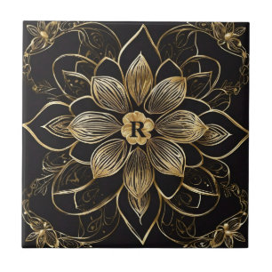 Gold Mandala Floral Black Elegant Monogram Initial Tile