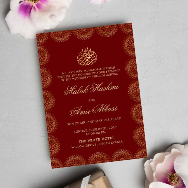  Gold Mandala Frame Red Islamic Muslim wedding  Invitation (Creator Uploaded)