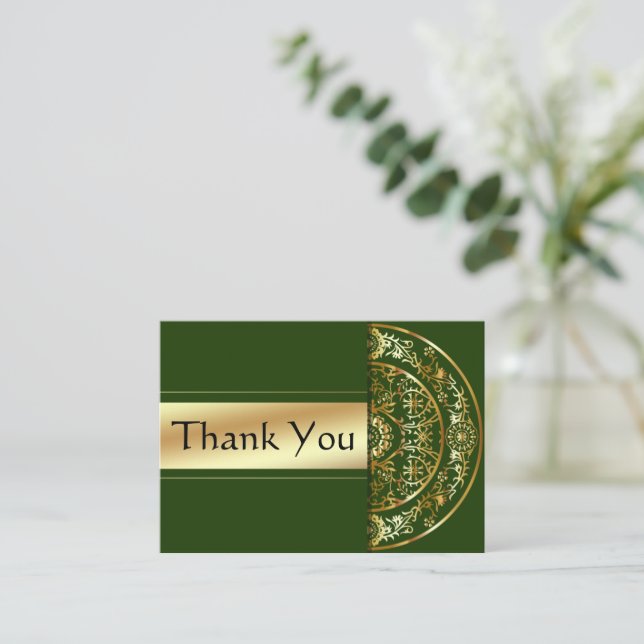 Gold Mandala Green Background Thank You Card (Standing Front)