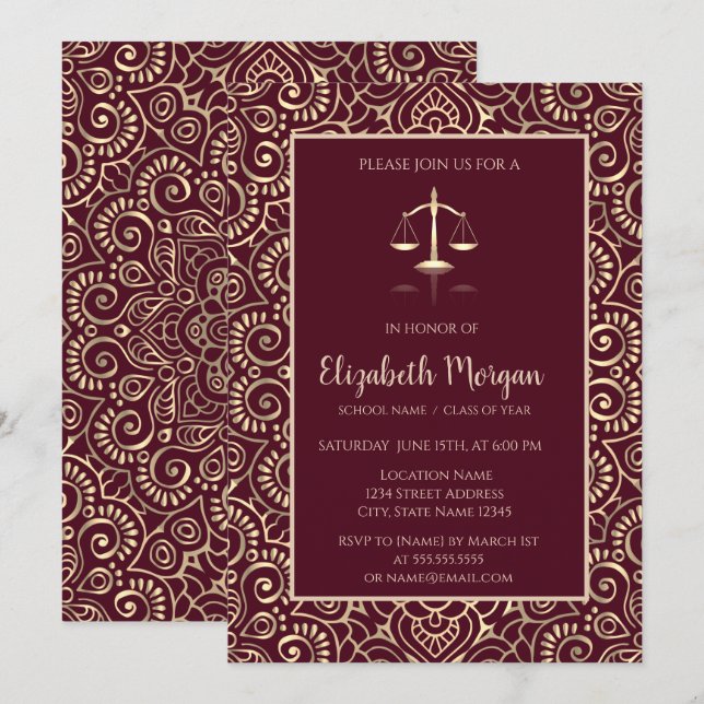  Gold Mandala Law School Burgundy Graduation  Invitation (Front/Back)