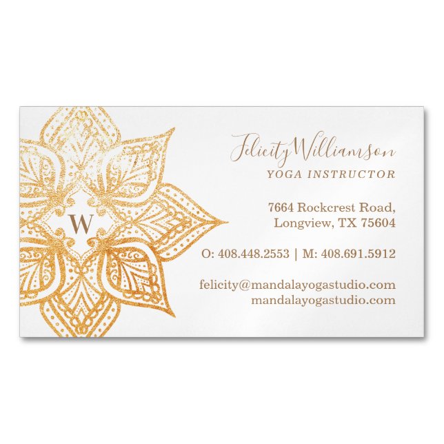 Gold Mandala Lotus Flower Monogram Magnetic Business Card (Front)