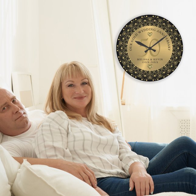 Gold Mandala on Black 50th Wedding Anniversary Large Clock (Creator Uploaded)