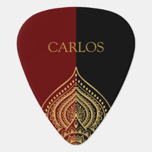 Gold mandala on black and red background guitar pick
