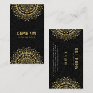 Gold Mandala On Black Damask Background Business Card