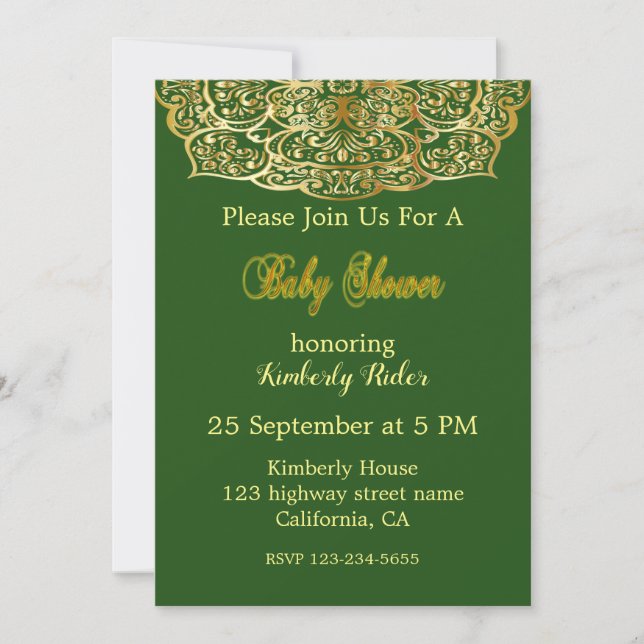 Gold Mandala On Green Baby Shower Invitation (Front)