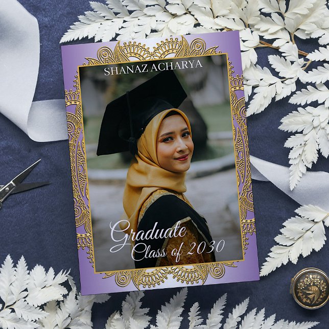 Gold Mandala On Purple Graduation Announcement Postcard (Creator Uploaded)