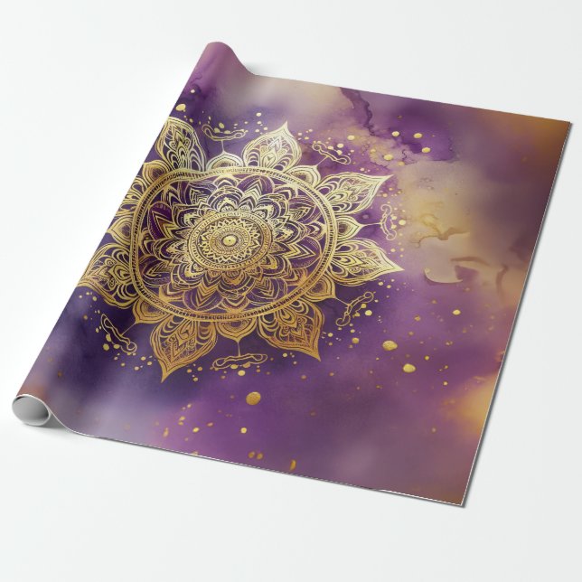 Gold Mandala on Purple Watercolor Decoupage Wrapping Paper (Unrolled)