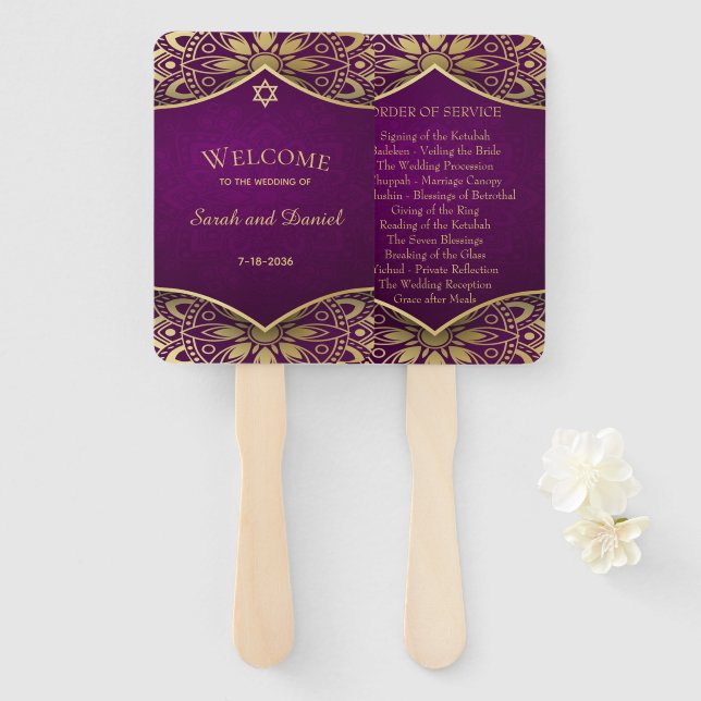 Gold Mandala on Purple Wedding Order of Service Hand Fan (Front and Back)