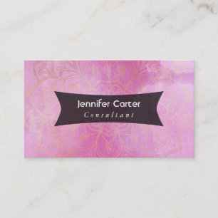 Gold Mandala Over Textured Deep Pink Watercolor Business Card