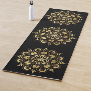 Gold Mandala Pattern Black Boho Yoga Mat