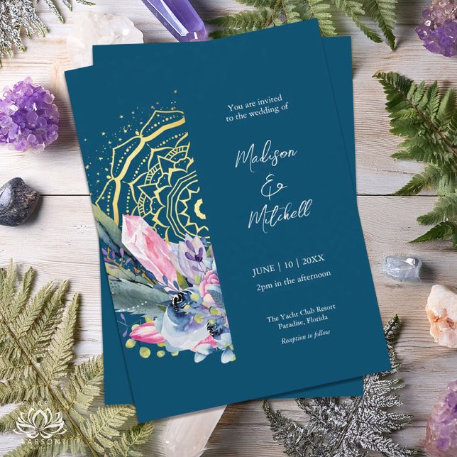 Gold Mandala Pink Crystal Boho Handfasting Wedding Invitation (Creator Uploaded)