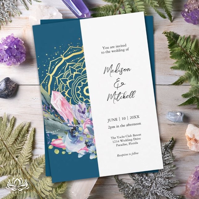 Gold Mandala Pink Crystal Boho Handfasting Wedding Invitation (Creator Uploaded)
