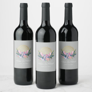 Gold Mandala Pink Crystal Boho Handfasting Wedding Wine Label