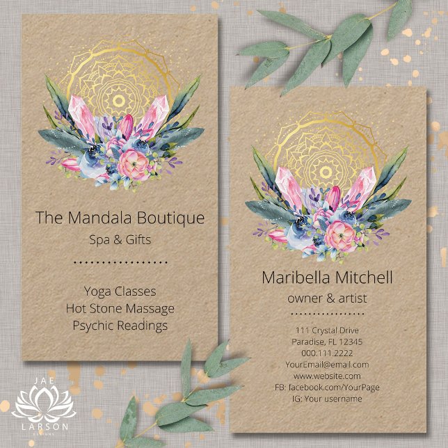 Gold Mandala Pink Crystals Psychic Spa Spiritual Business Card (Creator Uploaded)