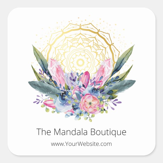 Gold Mandala Pink Crystals Psychic Spiritual Photo Square Sticker (Front)