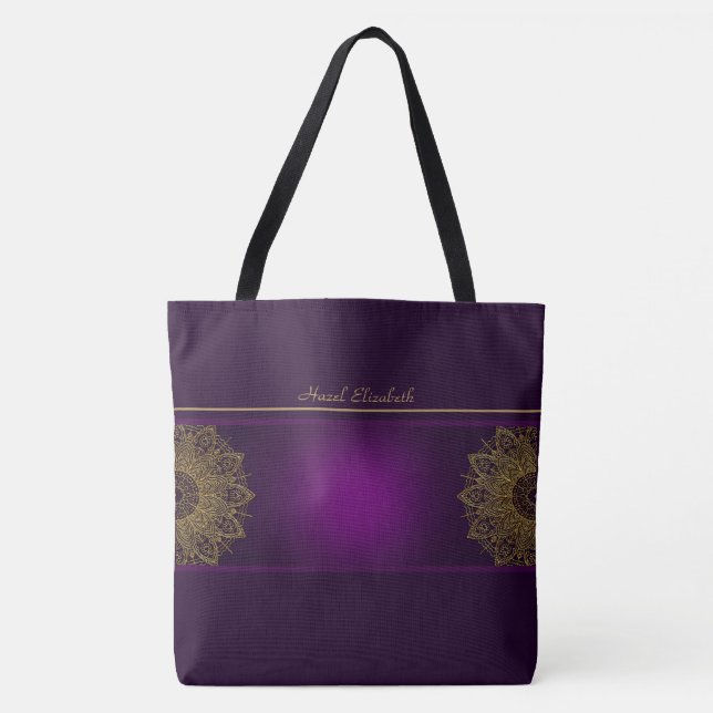 Gold Mandala Purple Monogram Tote Bag (Front)