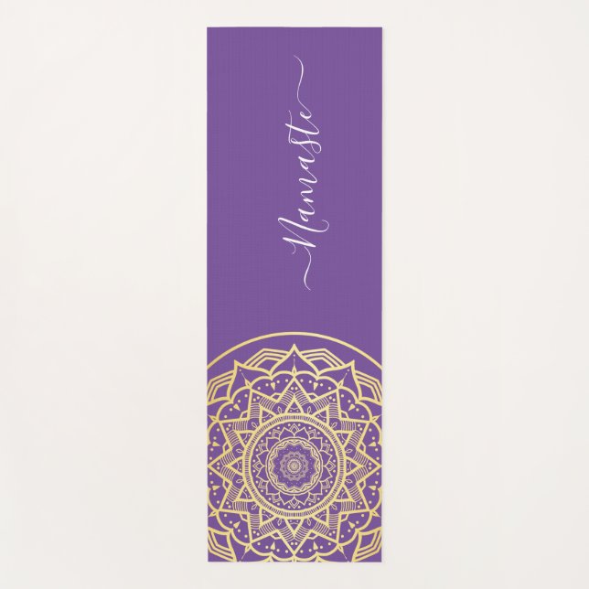 Gold Mandala Purple Namaste Script Yoga Mat (Front)