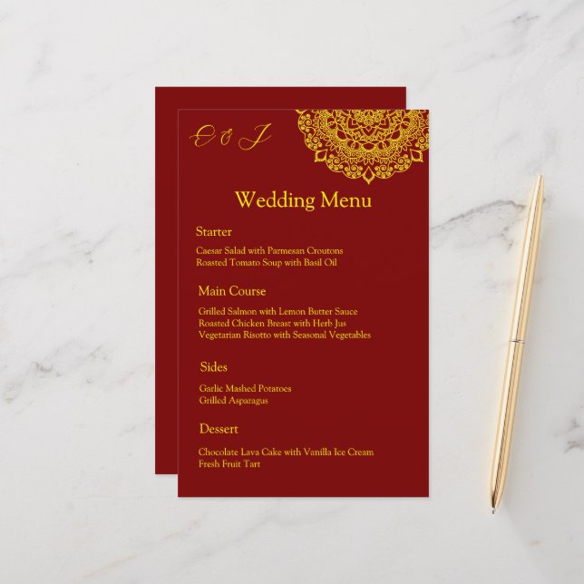 Gold mandala red wedding menu (Front/Back In Situ)