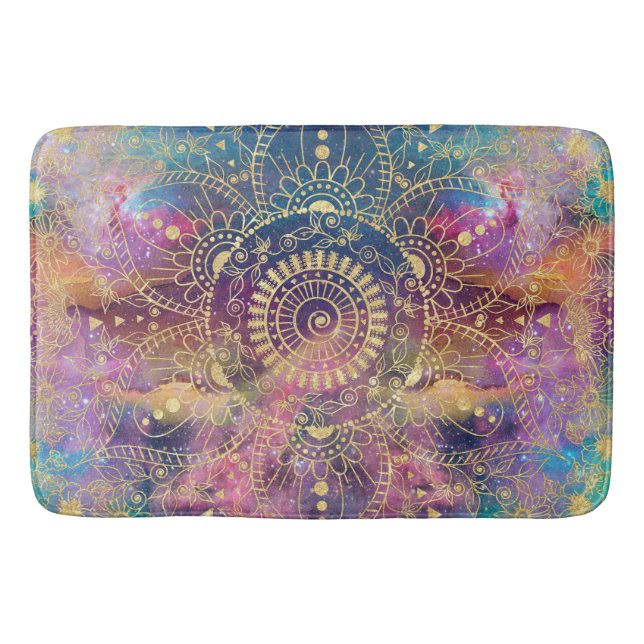 Gold Mandala Watercolor Colourful Nebula Bath Mat (Front)