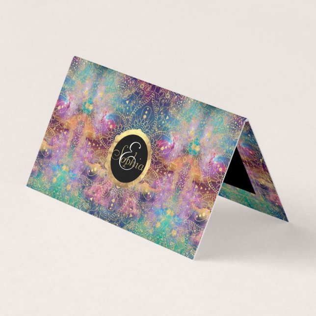 Gold Mandala Watercolor Colourful Nebula Business Card (Front)