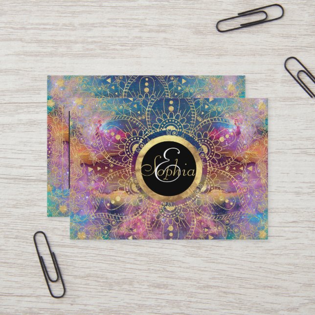 Gold Mandala Watercolor Colourful Nebula Business Card (Front/Back In Situ)