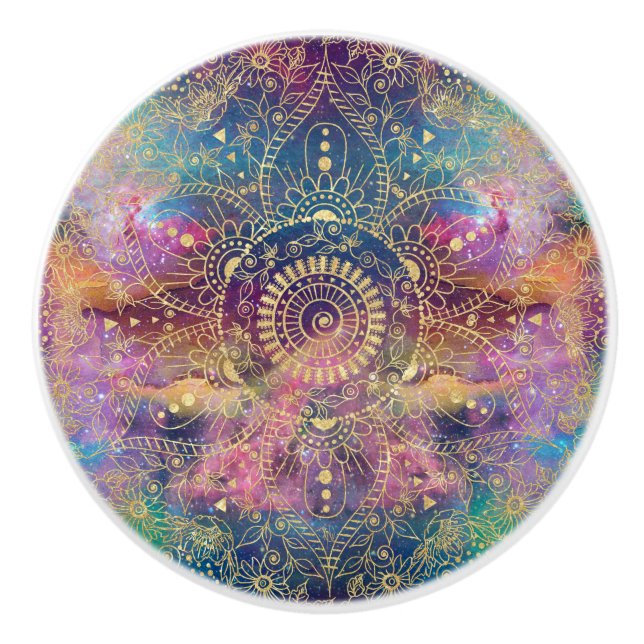 Gold Mandala Watercolor Colourful Nebula Ceramic Knob (Front)