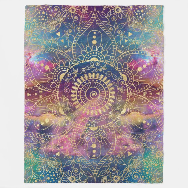 Gold Mandala Watercolor Colourful Nebula Fleece Blanket (Front)
