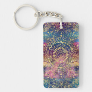 Gold Mandala Watercolor Colourful Nebula Key Ring