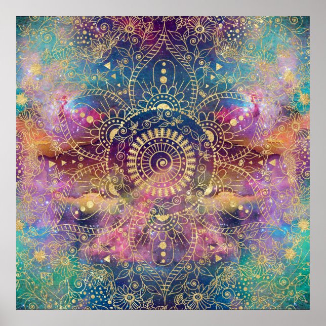 Gold Mandala Watercolor Colourful Nebula Poster (Front)