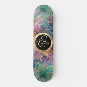 Gold Mandala Watercolor Colourful Nebula Skateboard
