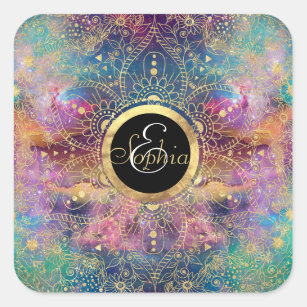 Gold Mandala Watercolor Colourful Nebula Square Sticker