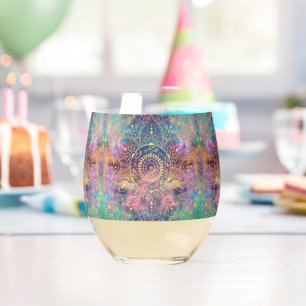 Gold Mandala Watercolor Colourful Nebula Stemless Wine Glass