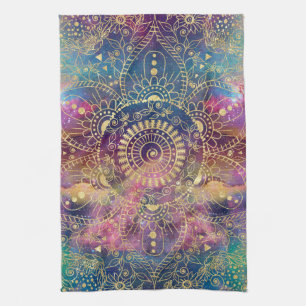 Gold Mandala Watercolor Colourful Nebula Tea Towel