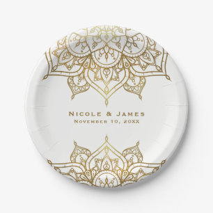 Gold Mandala White Chic Classy Modern Glam Wedding Paper Plate