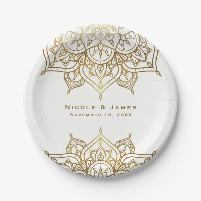Gold Mandala White Chic Classy Modern Glam Wedding Paper Plate (Front)