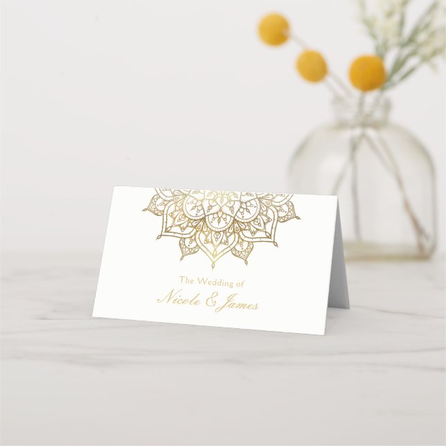 Gold Mandala White Chic Wedding Modern Table Seat Place Card (Front)