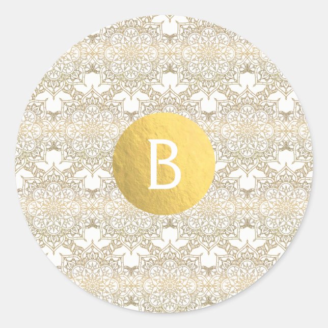 Gold Mandala White Modern Elegant Wedding Favour Classic Round Sticker (Front)