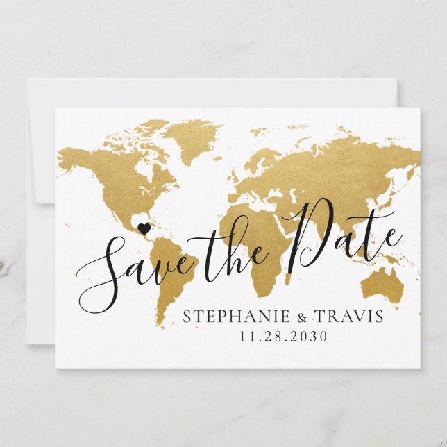 Gold Map Destination Wedding Save the Date Card (Front)