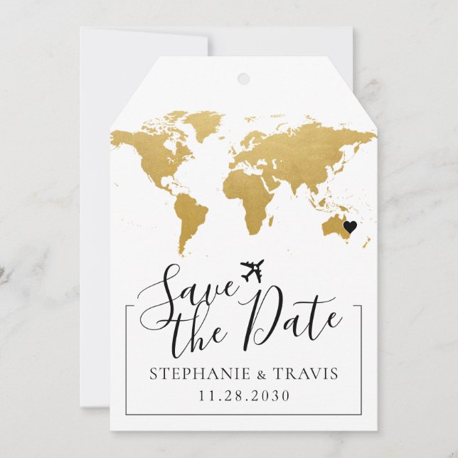 Gold Map Destination Wedding Save the Date Tag (Front)