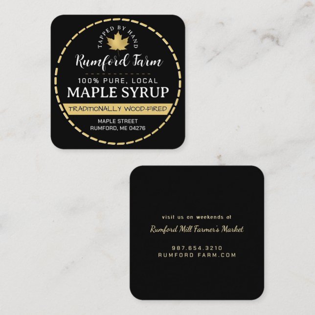 Gold Maple Leaf on Black Maple Syrup Dashed Border Square Business Card (Front/Back)