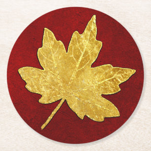 Gold Maple Leaf on Red Round Paper Coaster